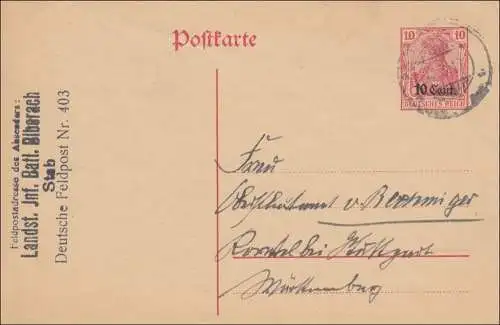 Belgien: Ganzsache Feldpostadresse Biberach nach Stuttgart 1917