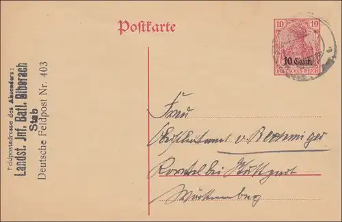 Pologne: Adresse postale complète de Biberach vers Stuttgart 1917