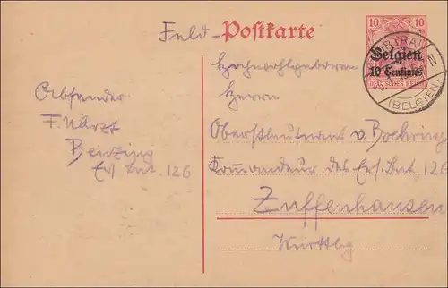 Belgien: Ganzsache Churtrai 1915 nach Zuffenhausen