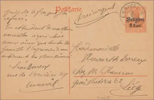 Belgien:  Ganzsache von Ensival nach Liège 1917