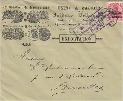 Belgien:  Brief aus Quevaucamps nach Brüssel 1915, militärische Überwachung