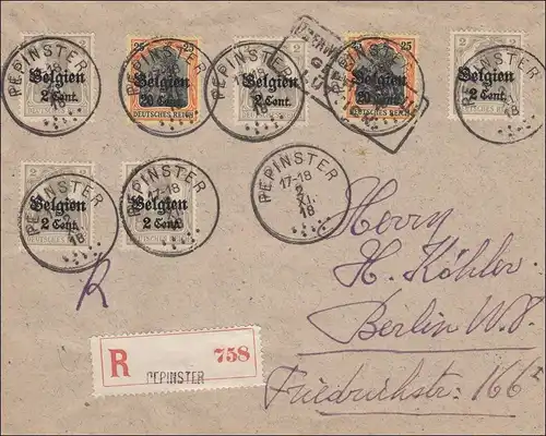 Belgique: Lettre de Pepinster à Berlin en 1918 comme lettre recommandée