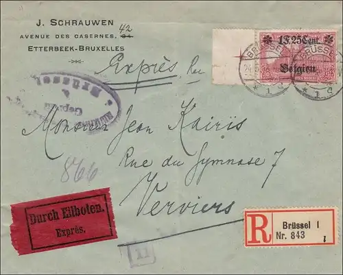 Belgien:  Brief aus Brüssel als Eilboten/Einschreiben nach Verviers  1918