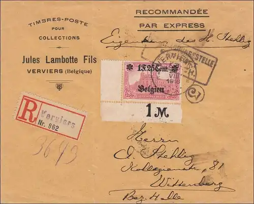 Belgien:  Brief aus Verviers nach Wittenberg mit 23II EF, Eckrand 1918