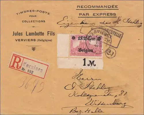 Belgique: Lettre de Verviers à Wittenberg avec 23II EF, Eckrand 1918