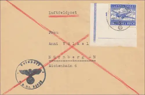 Feldpost II. Guerre mondiale: Eckrand Marke Ahlfeldpost vers Nuremberg, Nr. 32723