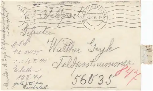 Poste de terrain II. Guerre mondiale: Kempten Lettre au FPn. 5603, 1944, Hongrie Front
