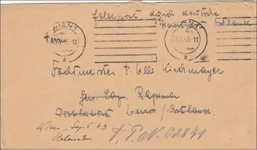 Feldpost II. Weltkrieg:  Brief aus Wien 1943 an FPNr. 02841 mit Briefinhalt