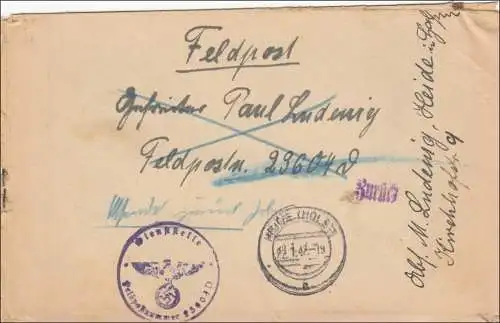 Poste de champ II. Guerre mondiale: Lettre de Heide/Holstein à FPn° 29604A 1942 - retour