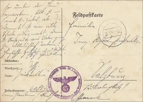 Poste de champ II Guerre mondiale: Carte FPn° 08 572 vers Salzbourg 1941