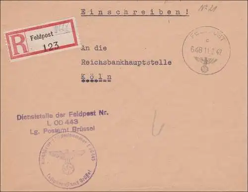 Feldpost II. Weltkrieg:  Einschreiben 1942 von Brüssel nach Köln - Reichsbank