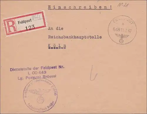 Poste de champ II Guerre mondiale: recommandé en 1942 de Bruxelles à Cologne - Reichsbank