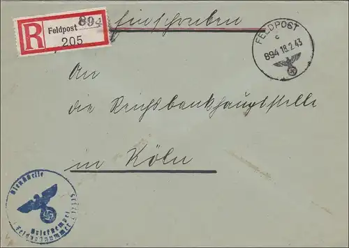 Poste de champ II Guerre mondiale: recommandé Bruxelles 1943 à Cologne