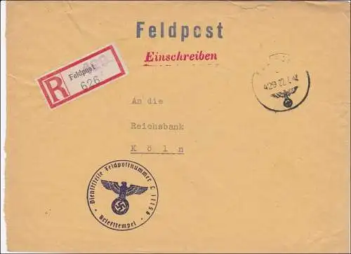 Feldpost II. WK:  Einschreiben Brüssel FPNr. L 11156 nach Köln, Reichsbank 1942