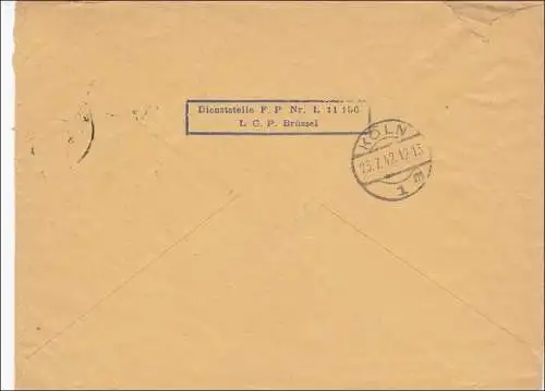 Feldpost II. WK:  Einschreiben Brüssel FPNr. L 11156 nach Köln, Reichsbank 1942