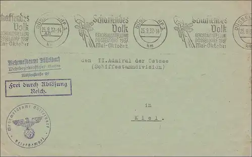 Frei durch Ablösung: Wehrmeldeamt Düsseldorf, Werbestempel Schaffendes Volk, 1937 an Admiral Ostsee Kiel