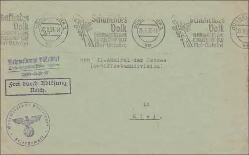 Frei durch Ablösung: Wehrmeldeamt Düsseldorf, Werbestempel Schaffendes Volk, 1937 an Admiral Ostsee Kiel