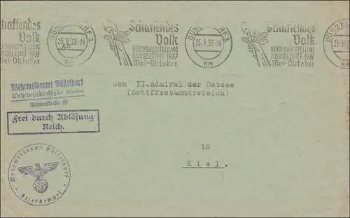 Libre par remplacement: Bundesvereinigungsamt Düsseldorf, Stampon publicitaire Schaffendes Volk, 1937 à l'amiral Balte Kiel