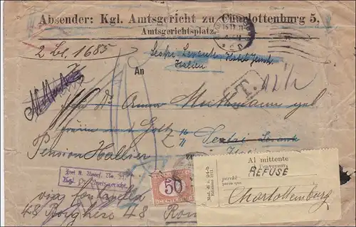 Königliches Amtsgericht Charlottenburg nach Italien, Nachgebühr und zurück 1911