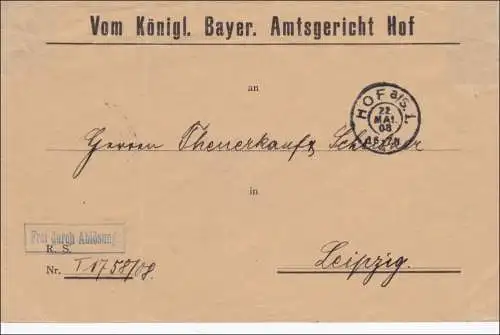 Königlich Bayrisches Amtsgericht Hof nach Leipzig 1908