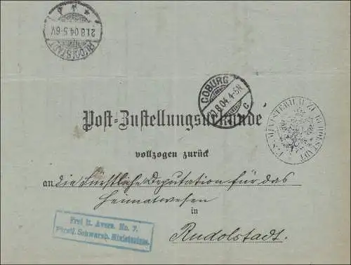 Certificat de livraison postal Coburg 1908 vers Rudolstadt