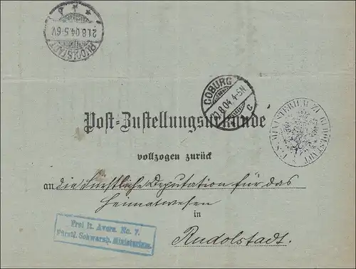 Postzustellungsurkunde Coburg 1908 nach Rudolstadt