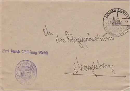 Sächsisches Amtsgericht 1935 Zwickau mit Sonderstempel nach Magdeburg
