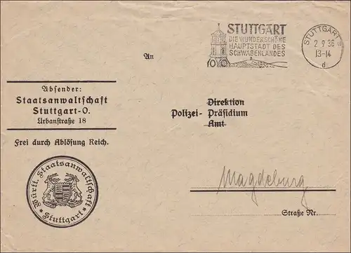 Staatsanwaltschaft Stuttgart 1936 an das Polizeipräsidium Magdeburg