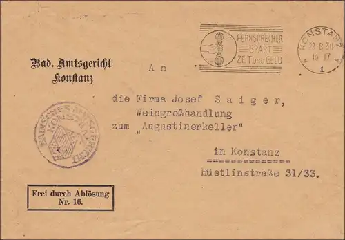 Badisches Amtsgericht Konstanz an Weingroßhandlung Augustinerkeller 1930