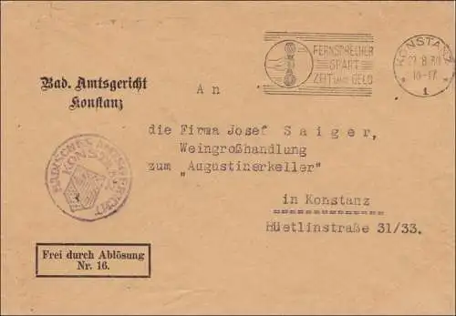 Badisches Amtsgericht Konstanz an Weingroßhandlung Augustinerkeller 1930