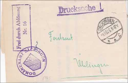 Domänenamt Säckingen als Drucksache 1925 nach Uhlingen