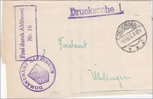 Domänenamt Säckingen als Drucksache 1925 nach Uhlingen