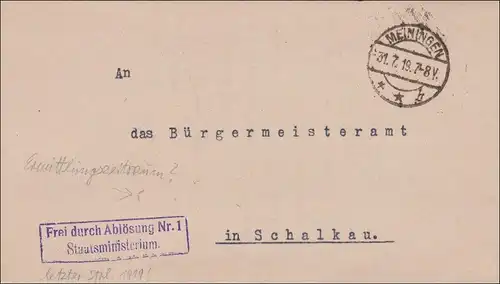 Staatsministerium Meiningen 1919 nach Schalkau