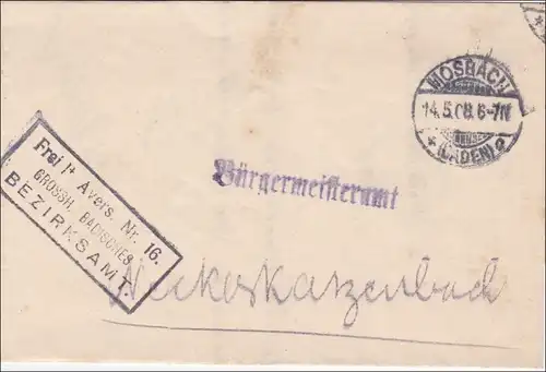 Badisches Verwaltung Mosbach an Moratamt Neckargerach 1908