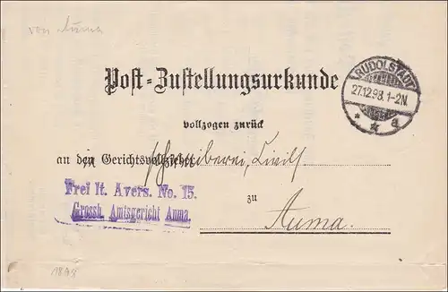 Postzustellurkunde 1893 von Rudolstadt nach Auma