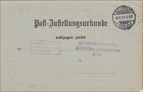 Postzustellurkunde Neustadt/Orla nach Gera 1911