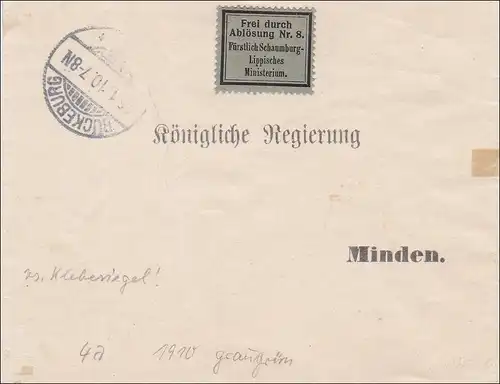 Schaumburg-Lippe Bückeburg 1910 nach Minden an königliche Regierung - Vignette