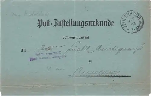 Postzustellurkunde Zeulenroda nach Rudolstadt 1893