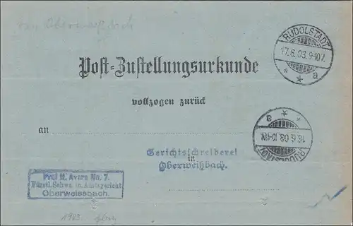 Postzustellurkunde Rudolstadt 1903 nach Oberweißbach