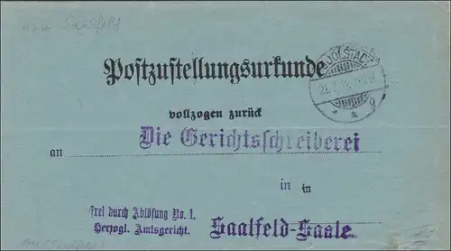Post Zustellurkunde Rudolstadt nach Saalfeld 1911