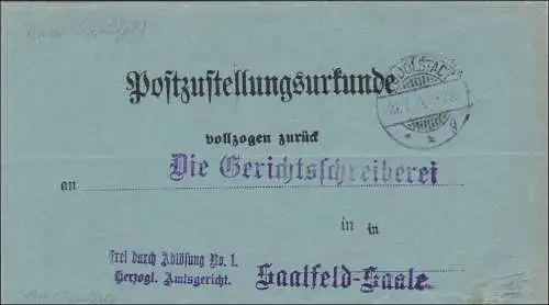 Post Zustellurkunde Rudolstadt nach Saalfeld 1911