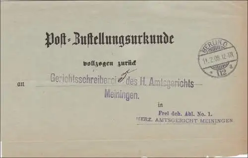 Post Zustellurkunde Berlin nach Meiningen 1908