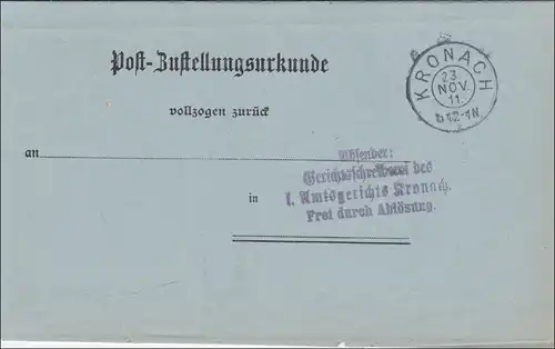 Post-Zustellurkunde nach Kronach 1911