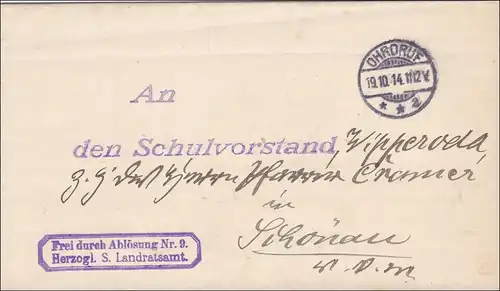 Landratsamt Ohrdruf an Schulvorstand Schönau v.d.W. 1914
