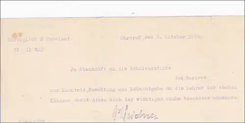 Landratsamt Ohrdruf an Schulvorstand Schönau v.d.W. 1914