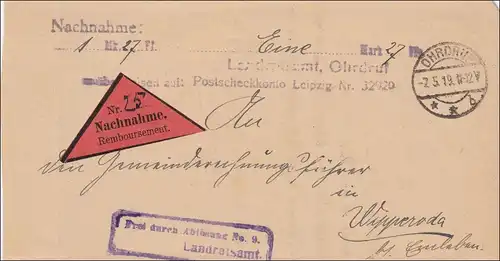 Nachnahme Ohrdruf Landratsamt 1919 nach Wipperoda