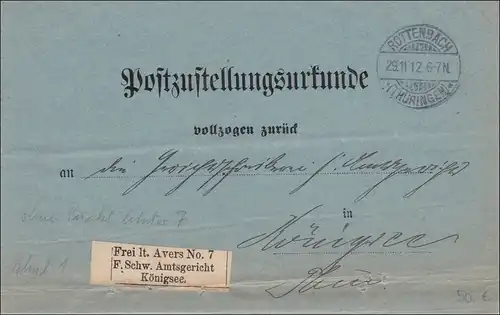 Post Zustellurkunde Rottenbach nach Königsee 1912 - Vignette