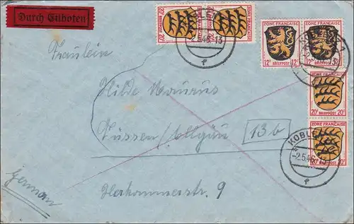 Zone française: Eilbots Lettre de Coblence aux pieds 1946