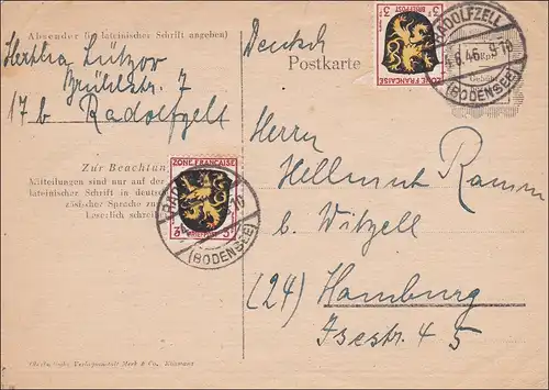 Zone française: Carte postale de Radolfzell 1946 à Hambourg