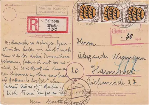 Zone française: Carte postale R Balingen 1947 - Frais payés - après Hanovre